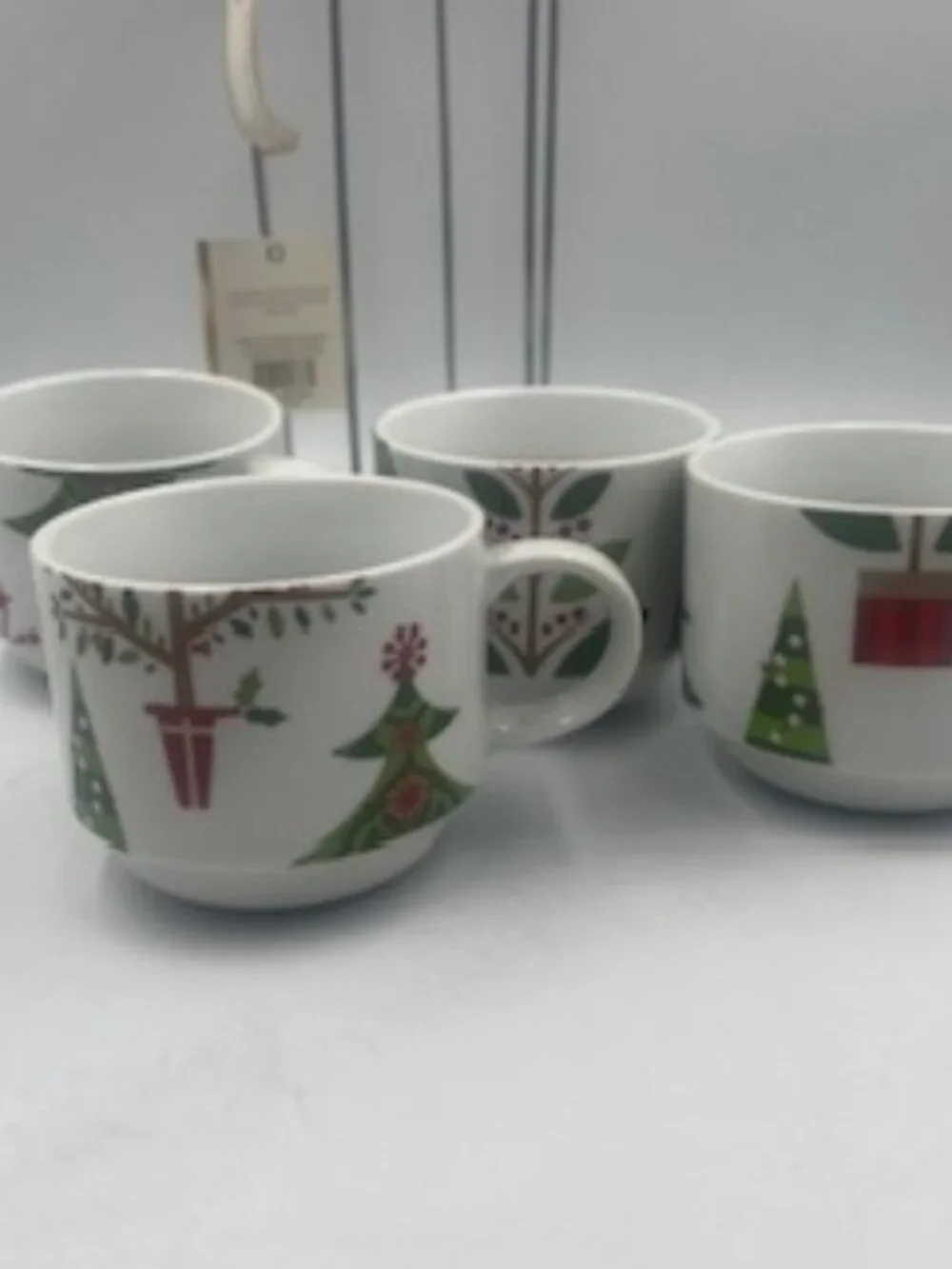 Vintage Pier 1 Christmas Tree Stacking Mugs with metal rack 1990’s era NWT